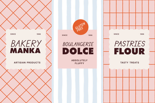 Bakery packaging design templates with seamless patterns, hand-drawn grids and stripes, and artisan labels for bread and pastry brands.