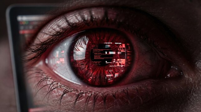 Close-up of a human eye reflecting red digital code and warning signs. Symbolizes cyber threats, data breach, or digital surveillance, evoking danger. Use for tech, hacking, privacy, or AI concepts.