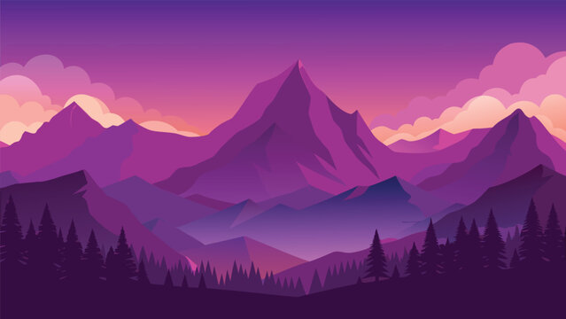 A purple mountain range with trees and clouds