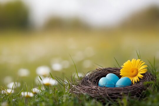 Natural Easter Background with Blue Eggs in Nest among Spring Flowers and Meadow
