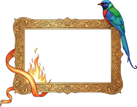 A colorful parrot perches on an ornate gold picture frame with flames and a ribbon.