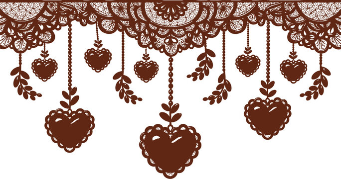 A beautiful illustration of brown hearts hanging from a lace border on a white background
