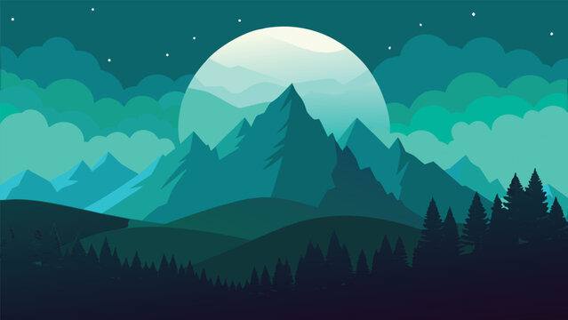 A mountain range under a full moon