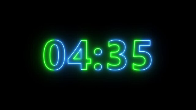 5 minutes countdown timer animation with glowing neon digital-style numbers on black background.Neon Digital Number Clock,intros, motion graphics, live streams, presentations,