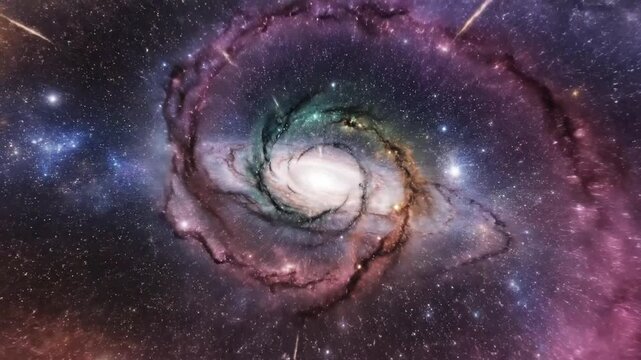 Enigmatic celestial nebula forming a hypnotic swirling vortex across the deep cosmic void, ethereal stardust journey within a shimmering galactic whirlpool of light and shadow 4K.