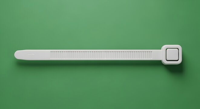White cable tie on green background for organizing and securing wires and cables easily and efficiently always