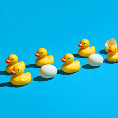 A row of little yellow toy ducks marching across a bright blue surface with eggs as obstacles. - Image #1 @Ai content creator