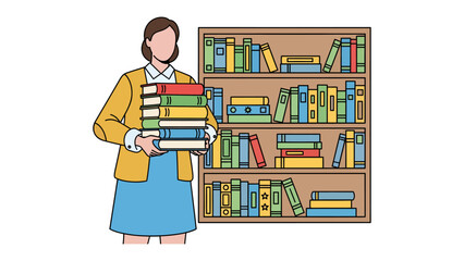 A Librarian's Literary Collection: A librarian carefully arranges a stack of books, symbolizing the world of knowledge, and stands before a packed bookshelf. © Azizun