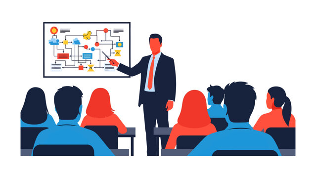 Instructional Insight: A presenter articulates complex concepts to a focused audience. This illustration highlights learning, teamwork, and the exchange of ideas.