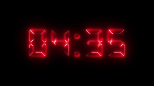 neon 5 minute countdown animation from 300 seconds to 0 seconds on a transparent background, Neon five minute countdown timer with alpha channel