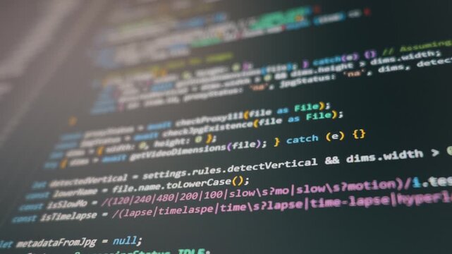 Computer monitor displays scrolling lines of syntax highlighted programming code in dark mode. Concept of vibe coding, artificial intelligence development, and modern machine learning workflow