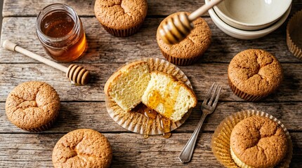 Fototapeta premium Golden Honey Muffins with Drizzled Honey and Wooden Dipper on Rustic Table