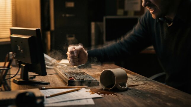 Furious man's fist hits computer keyboard, spilling coffee on a messy desk. Depicts extreme stress, anger, and technical difficulties. Ideal for illustrating workplace frustration or digital burnout.