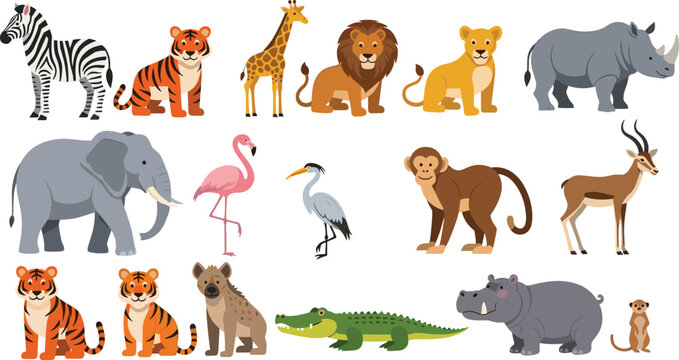 Wild Safari Animals Cartoon Collection with Lion Tiger Zebra Elephant Vector Illustration Set