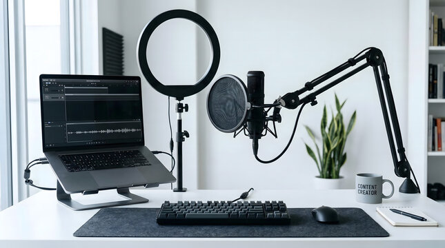 Professional podcasting and content creator studio setup with laptop, Modern home recording studio with microphone and ring light on white desk, Digital creator workspace for streaming and audio