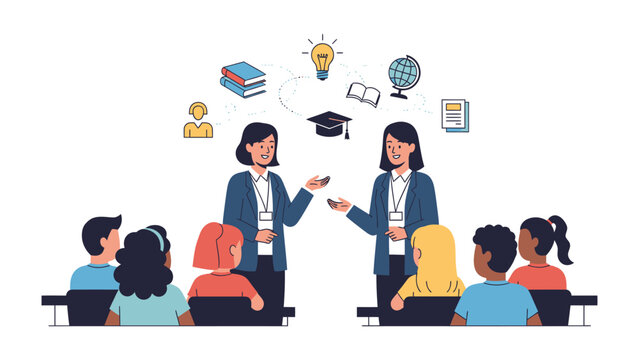 Interactive Learning Environment: Two instructors engage a group of students in a dynamic educational setting, fostering an environment of curiosity.