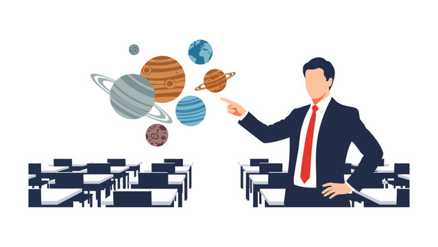 Celestial Lesson: A teacher in a suit points towards planets, providing an educational experience for seated students.