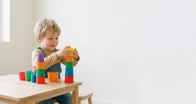 Young boy stacking colorful plastic cups at a table indoors  
