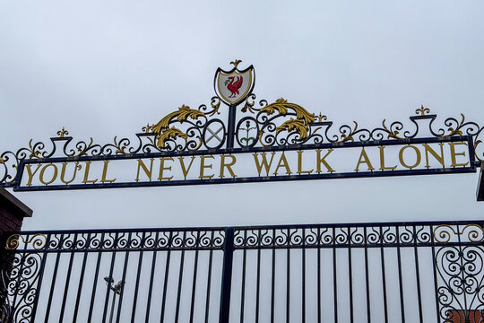 Outside the Liverpool Football Stadium at Anfield. Liverpool, UK.