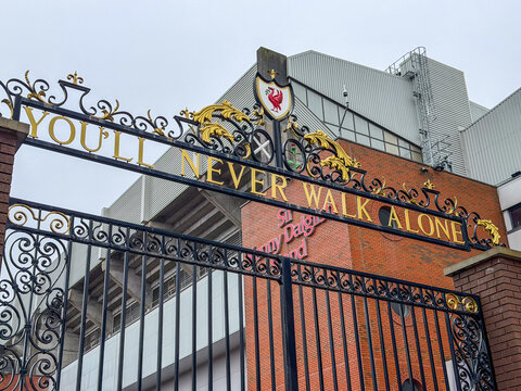 Outside the Liverpool Football Stadium at Anfield. Liverpool, UK.