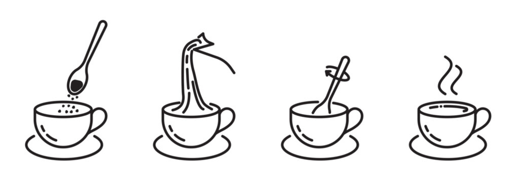 Basic steps to prepare a finished drink from freeze-dried granulated coffee. Instant coffee making process with kettle, cup and teaspoon. Linear outline icons for packaging instructions and beverages.