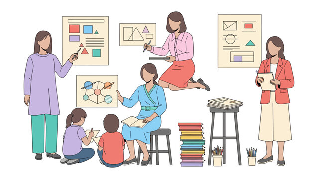 Learning Environment Illustration: A vibrant illustration shows an engaging learning environment, with a teacher interacting with students, fostering curiosity and knowledge exchange in the classroom.