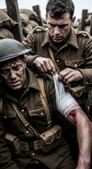 Obraz premium Man medic dressing a wounded man's arm. Soldier rendering first aid to injured comrade during a historical battle. World war one reenactment.