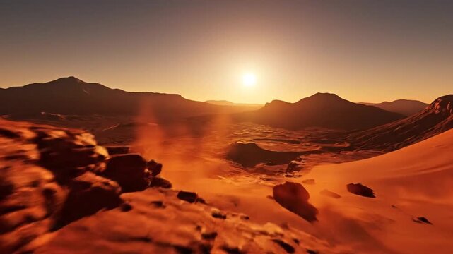 Red planet Mars at dawn featuring a breathtaking slow motion desert landscape with rocky terrain and atmospheric morning light in high resolution cinematic 4k footage.