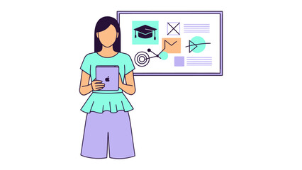 Digital Strategy and Woman: A stylish woman, engrossed in her tablet, stands before a digital whiteboard, her posture exudes confidence and preparedness.