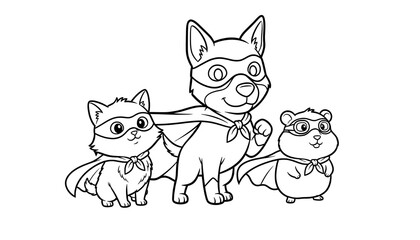 Obraz premium A cute trio of cartoon superhero animals including a dog, cat, and hamster pose together.