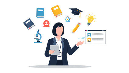 Knowledge in the palm of hand: a smart instructor stands ready to educate with a tablet and resources, educational illustration.