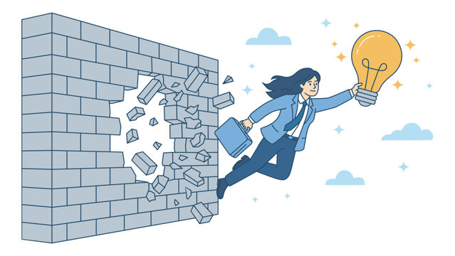 Businesswoman breaking through brick wall and holding glowing lightbulb and briefcase. Innovation, courage, problem solving and  freedom concept . Overcoming obstacles for new business idea or impact.
