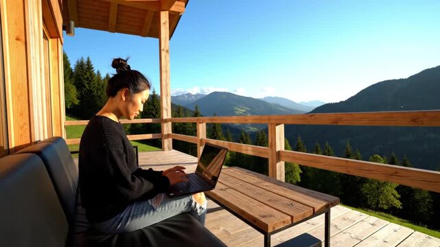 An individual embraces the freedom of working from anywhere, typing diligently on a laptop from a scenic wooden balcony. The stunning backdrop features majestic, pine-covered mountains and a vast, cle