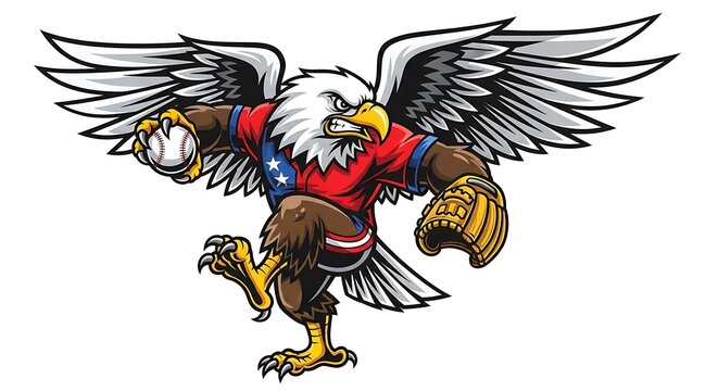 An aggressive bald eagle mascot design featuring a baseball player in a red and blue uniform jersey
