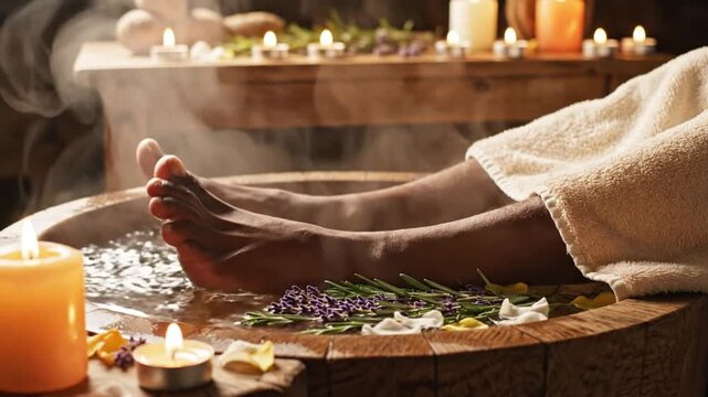 Close-up of human feet gently soaking in a steaming wooden tub, surrounded by a warm, inviting glow from multiple flickering candles. Aromatic elements such as fresh lavender, rosemary sprigs, and del