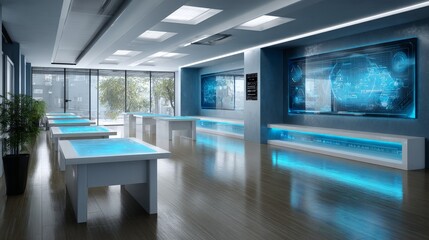 Fototapeta premium Modern Classroom Interior with Holographic Digital Boards and Design