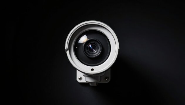 Modern security camera with reflective lens on dark background for surveillance technology concept