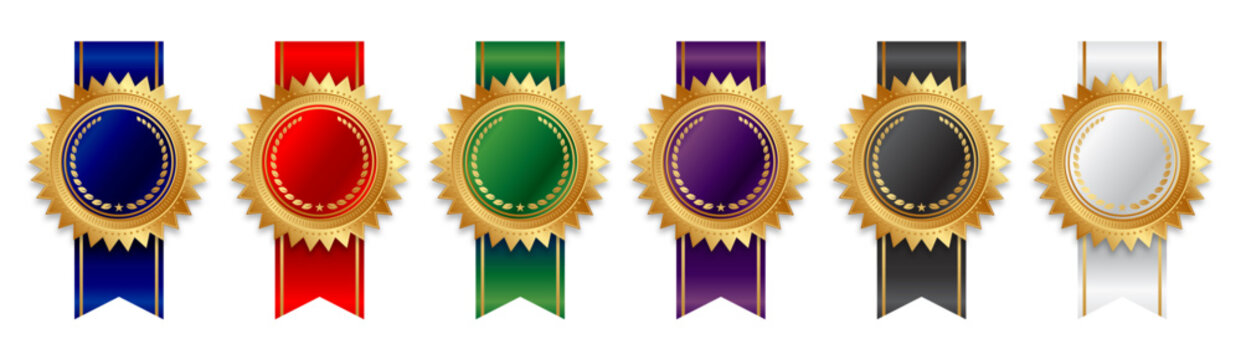beautiful elegant blank gold and ribbon award seal with various colored ribbons symbol element vector set of 6 on transparent background for packaging or award certificates