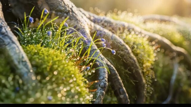 Close-up of mossy tree roots with tiny blue flowers in sunlight.