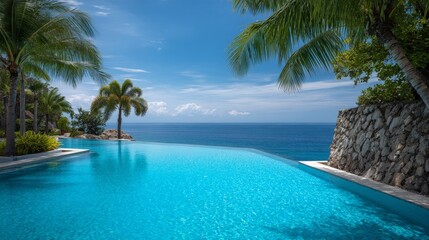 Fototapeta premium Infinity Pool Overlooking Vast Turquoise Sea from Cliffside Island