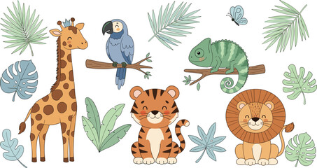 Cute Jungle Animals Cartoon Collection with Giraffe Tiger Lion Parrot Vector Illustration © Rafika