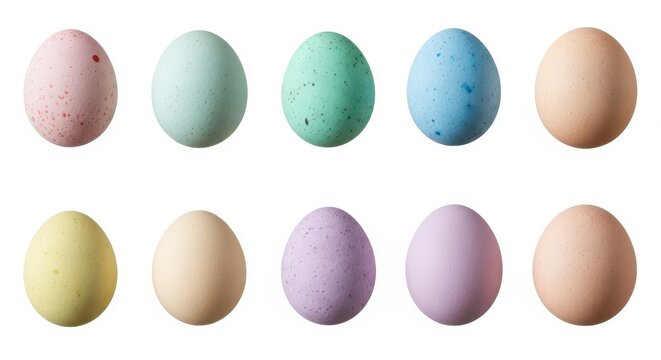 A collection of ten colorful speckled easter eggs isolated against a plain white background surface