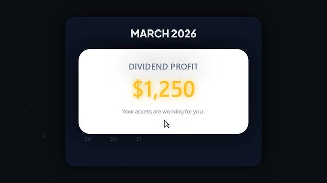 Modern financial dashboard interface displaying a significant dividend profit of $1,250 for March 2026, highlighting successful asset growth and investment returns through a sleek digital presentation