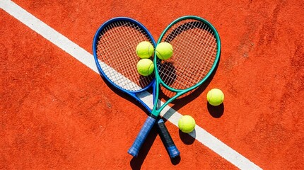 Obraz premium Tennis Rackets and Balls Forming Heart Shape on a Red Clay Court