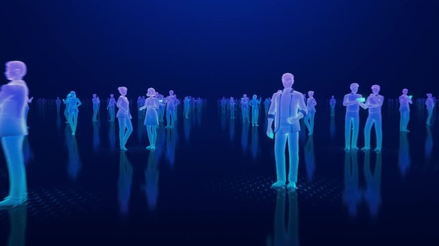 3D Animation Loop: Futuristic Digital Society. Moving Through Crowd of People in Digital Space. Representation of People by Their Avatars in Virtual World of Social Media, Internet and Content. 