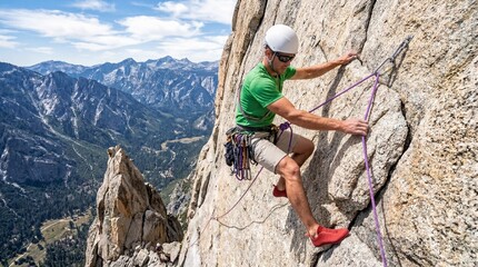 Obraz premium Man Rock Climbing on a Steep Mountain Face with Vast Alpine Landscape in the Background