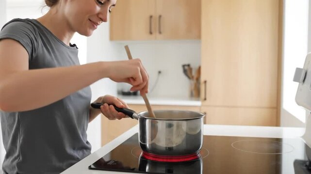 A woman stirs a pot on an induction stove in a modern kitchen, smiles, then tastes and enjoys her cooking, wearing a gray t-shirt with wooden cabinets in the background.
