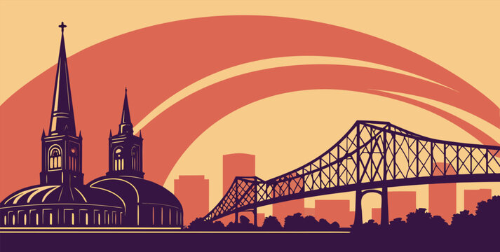 New Orleans sunset skyline vector featuring the Superdome, French Quarter rooftops, and Crescent City Connection bridge