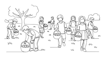Naklejka premium Children gleefully participating in an Easter egg hunt with baskets, enjoying a festive outdoor activity