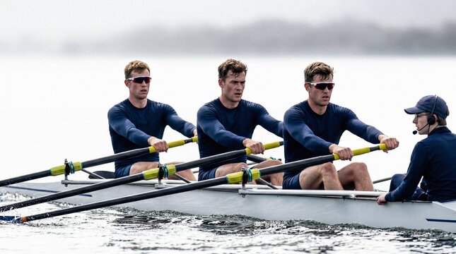 Men's Rowing Crew with Coxswain Training on Calm Water